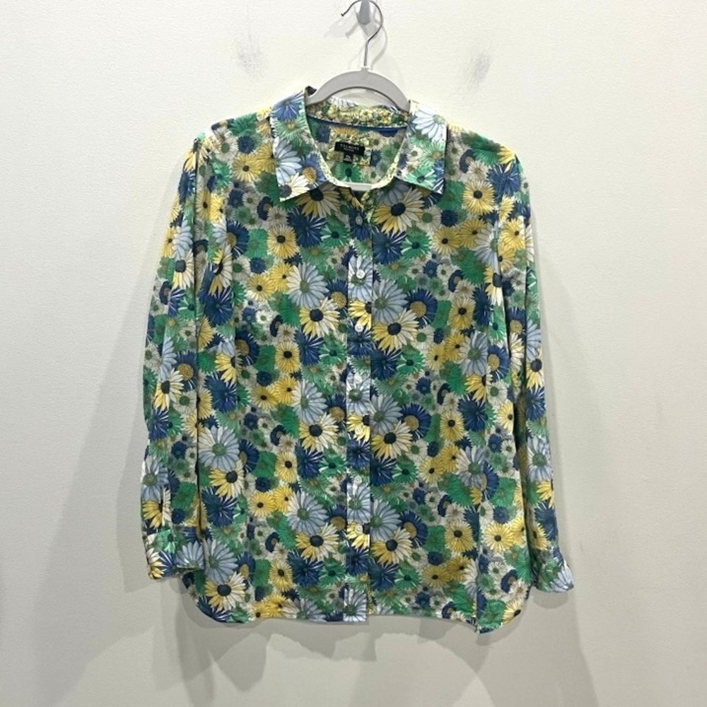 Talbots 1X Petite Floral Daisy Button Front Blouse Top Cotton Cottagecore EUC